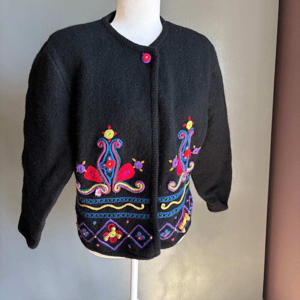 Vintage DONCASTER SPORT Women's MED Black Boiled Wool Cardigan Embroidered